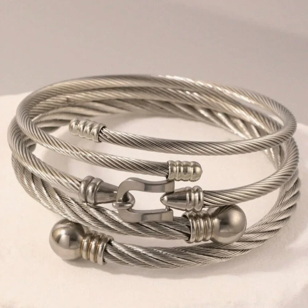 Silver Cable Twisted Wired  Bracelet  Three pieces Set Silver  Plated - Picture 2 of 6